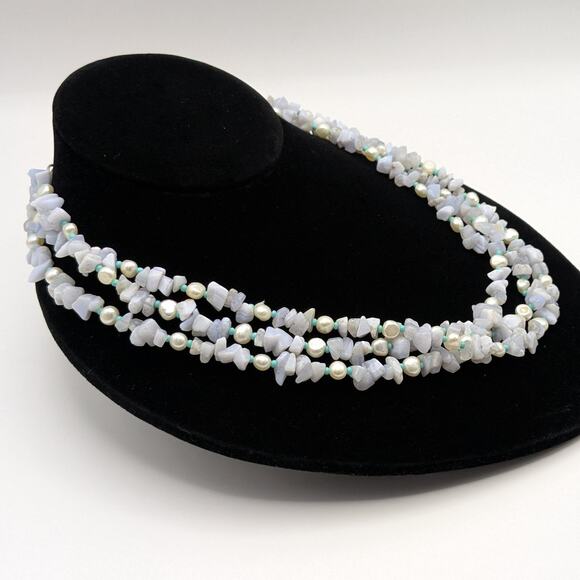 Light Blue Gemstone Freshwater Pearl Multi-Strand Necklace Sterling Silver 925 - Picture 4 of 10